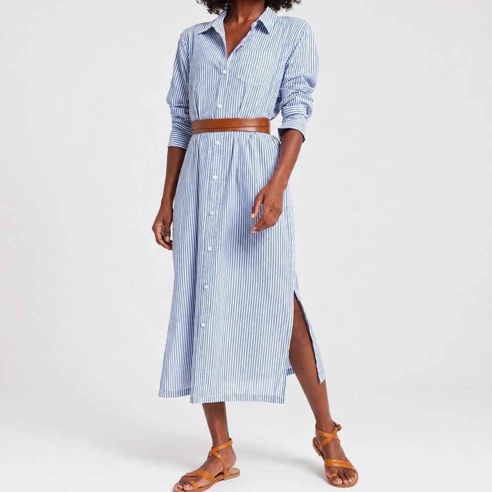 Alex Mill Blue White Striped Standard Maxi Shirt Dress Side Slit Size Medium